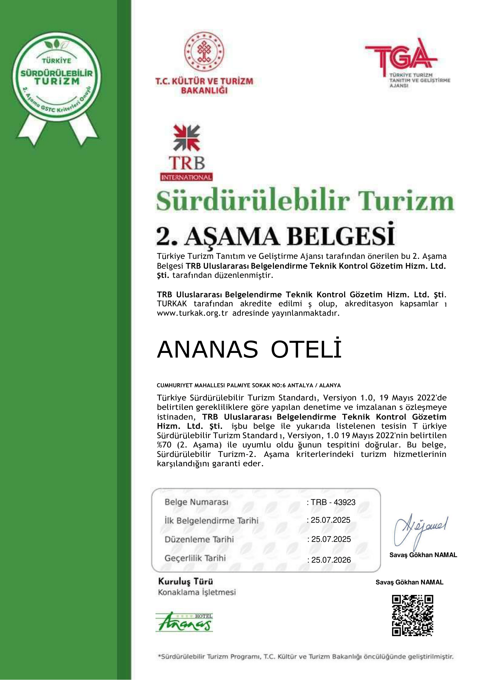 Sürdürülebilir Turizm Sertifikası